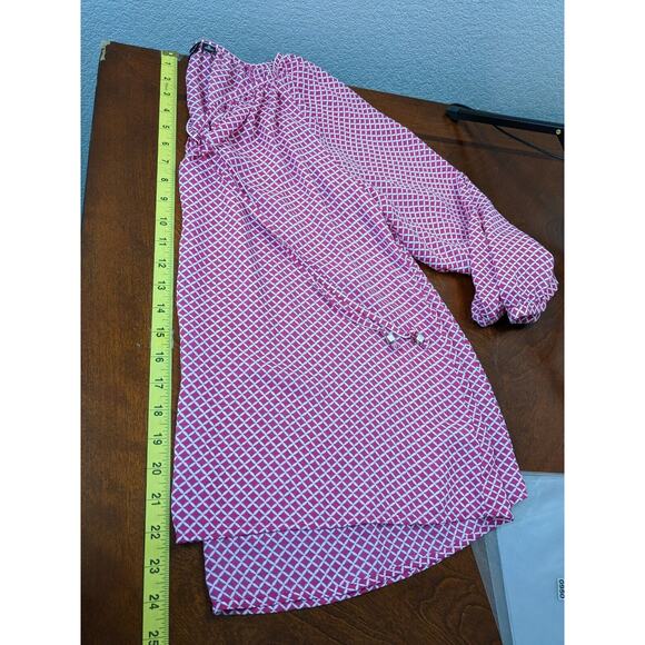ANA Tunic Blouse M Pink Printed Hi Low V Split Neck Tie Front Office Relaxed Fit - Picture 10 of 12